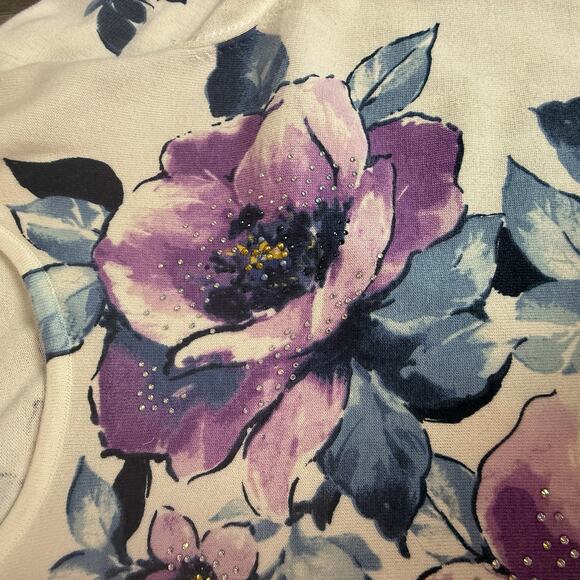Alfred Dunner Floral Embellished Pullover Sweater Cream Purple Blue Flowers - Picture 4 of 6